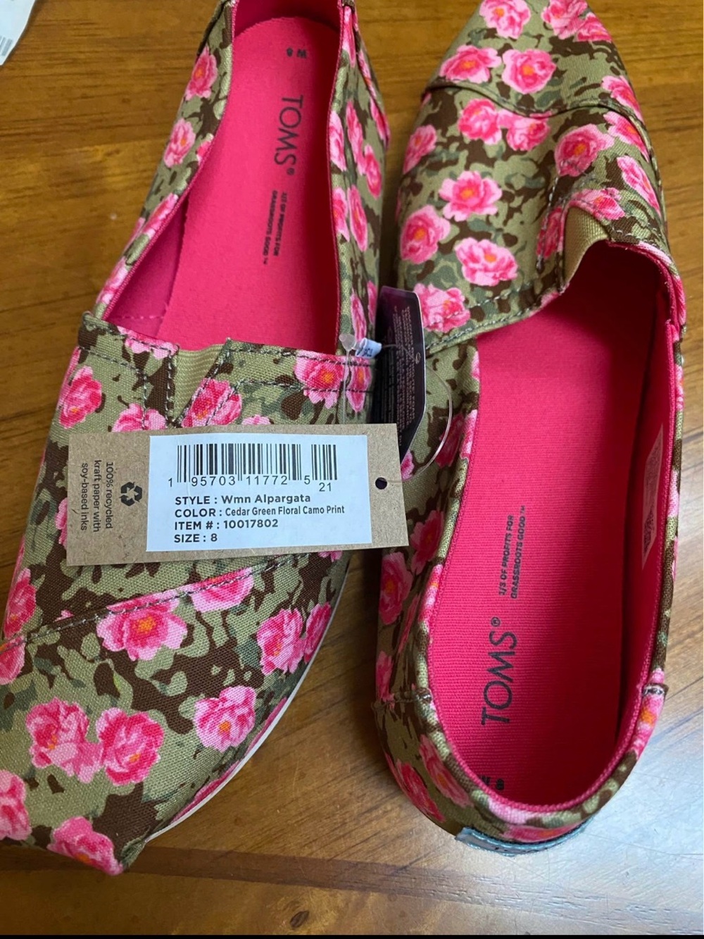 TOMS Floral Canvas Alpargata Slip-Ons in Pink & Cedar Green - Picture 1 of 3
